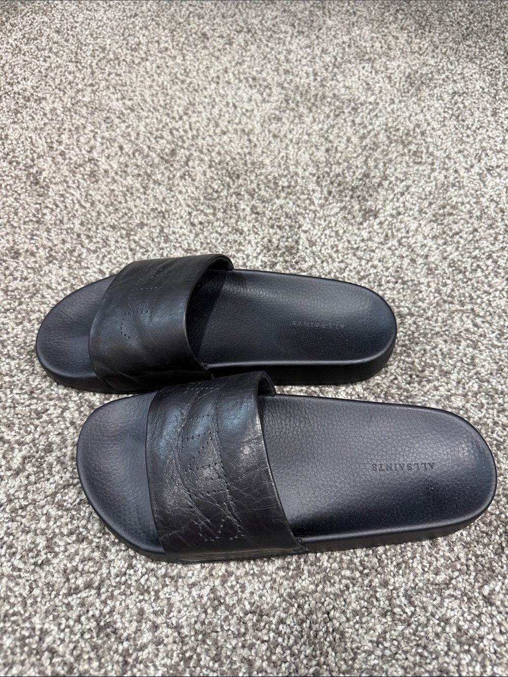All Saints Black Perforated Logo Leather Slide Sandals - Picture 4 of 7